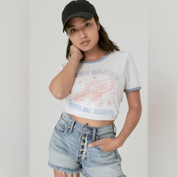 New Lucky Brand Women’s Old School 70’s Retro Silver Skaters Classic Ringer Tee - Picture 5 of 6